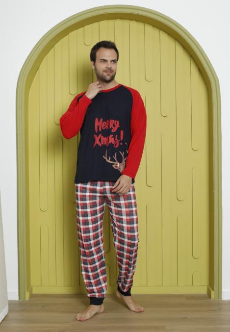Pijama barbati Craciun "Meryy Xmas" maneca lunga ,pantaloni lungi,Culoare Rosu, Engros